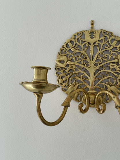 Pair of 'tree of life' brass candle sconces