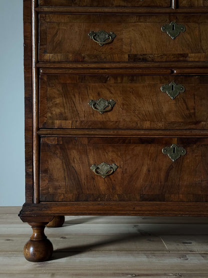 Queen Anne walnut chest of drawers raised on bun feet