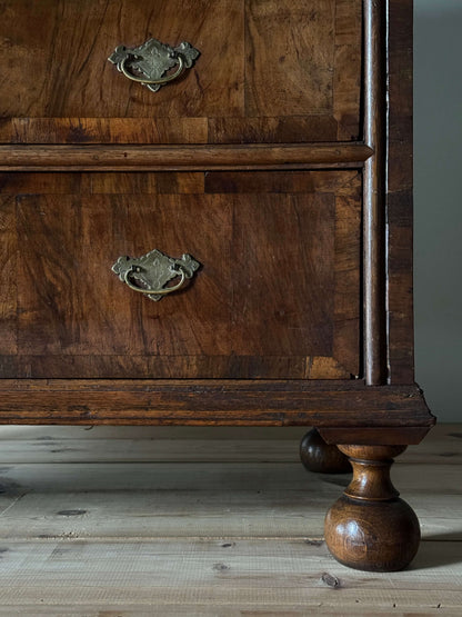 Queen Anne walnut chest of drawers raised on bun feet