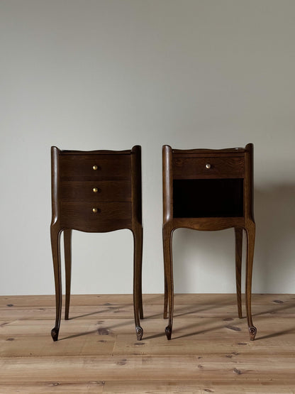 Pair of dark oak French vintage bedside tables