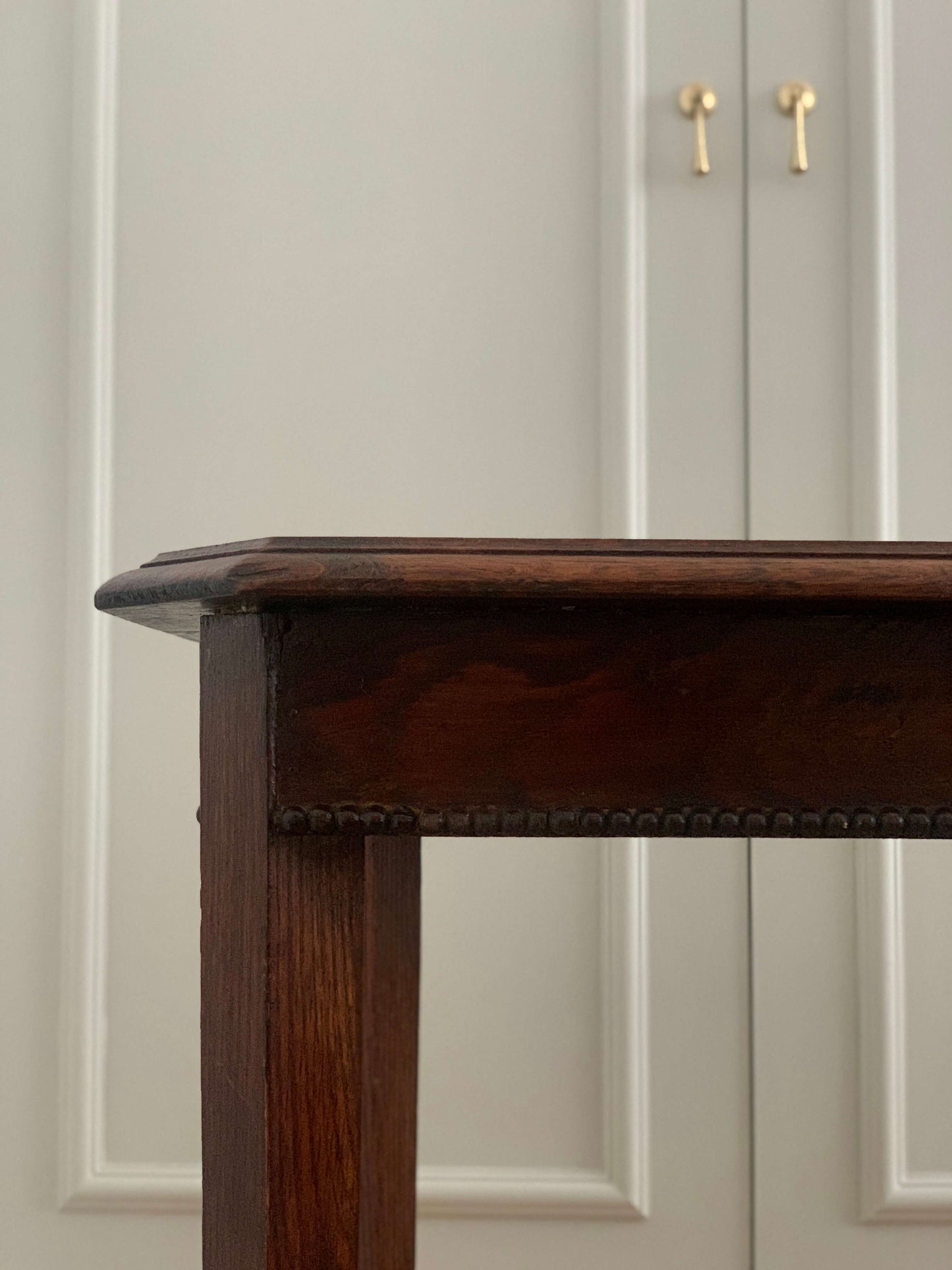 Antique square oak side table with bobbin detailing