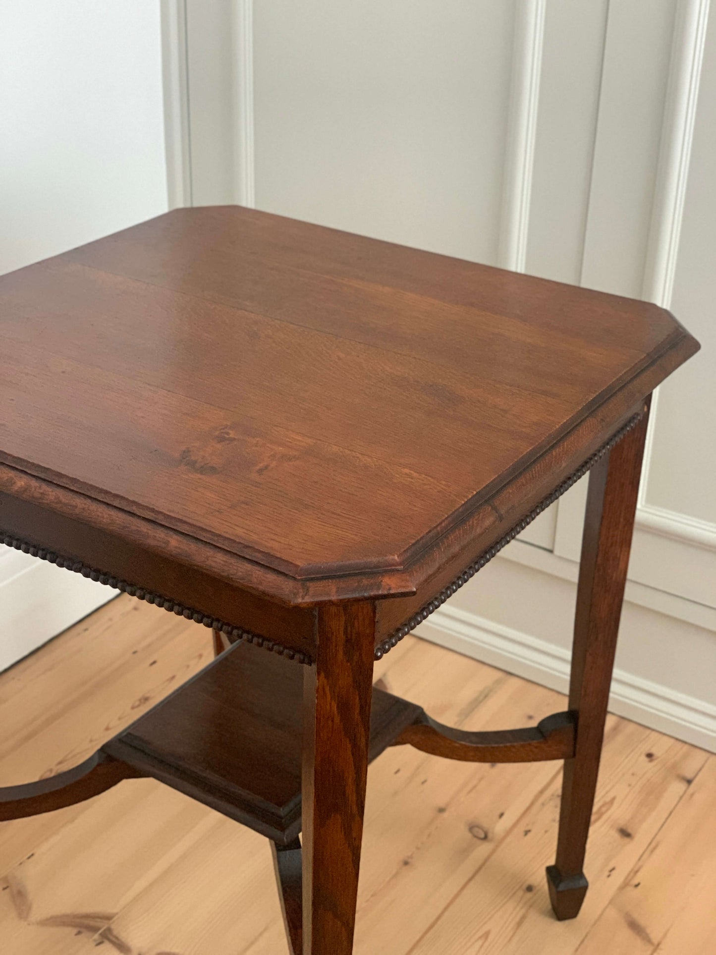 Antique square oak side table with bobbin detailing