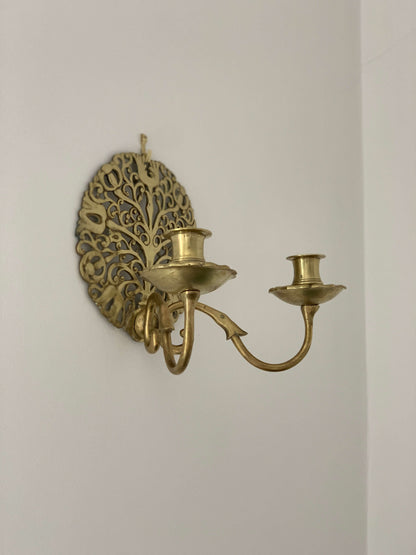 Pair of 'tree of life' brass candle sconces