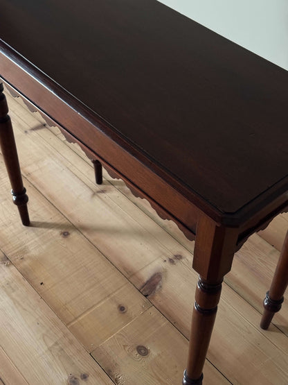 Antique walnut scalloped console table with drawer