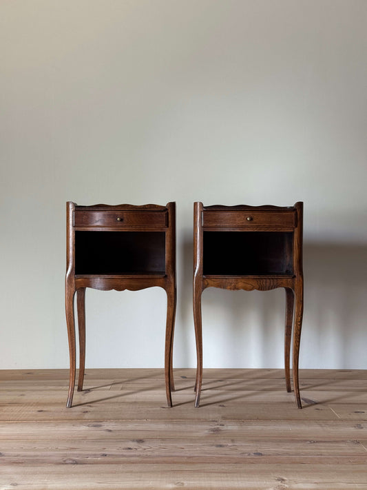 Pair of French mid-century bedside tables with single drawer