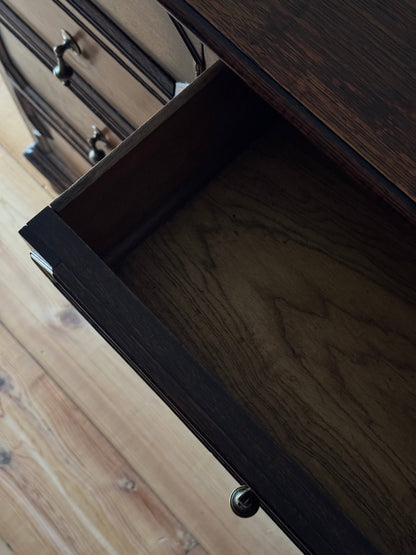 Antique Jacobean revival oak chest of drawers on bun feet