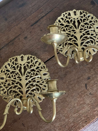 Pair of 'tree of life' brass candle sconces