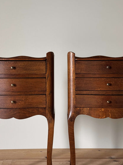 Pair of vintage French bedside tables with three drawers