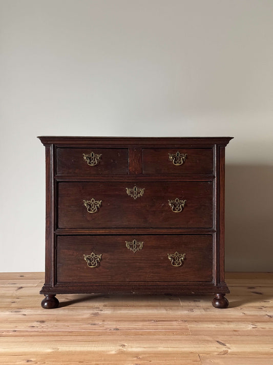 William and Mary oak chest of drawers on bun feet