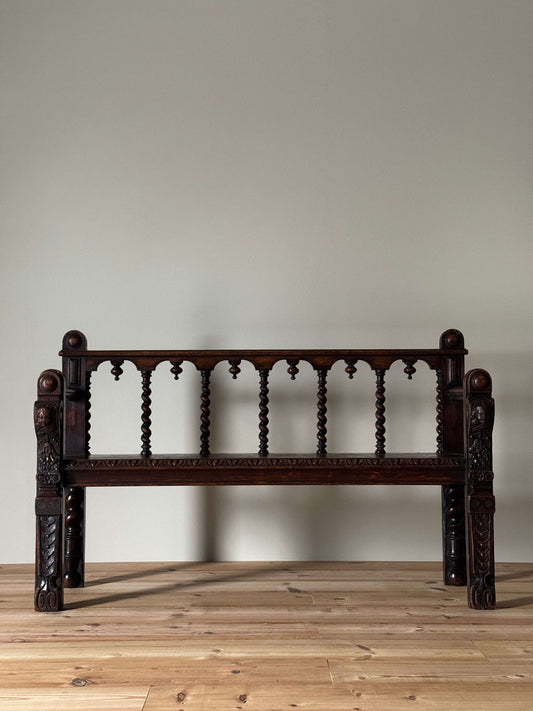 Antique Victorian barley twist oak carved bench