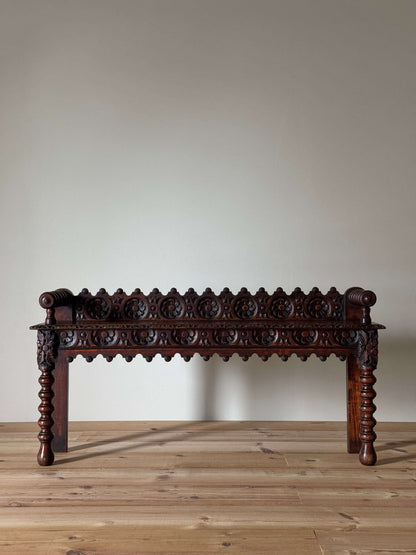 Victorian carved oak bobbin bench