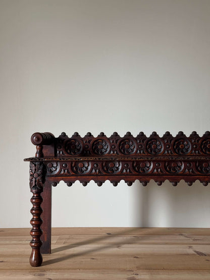 Victorian carved oak bobbin bench