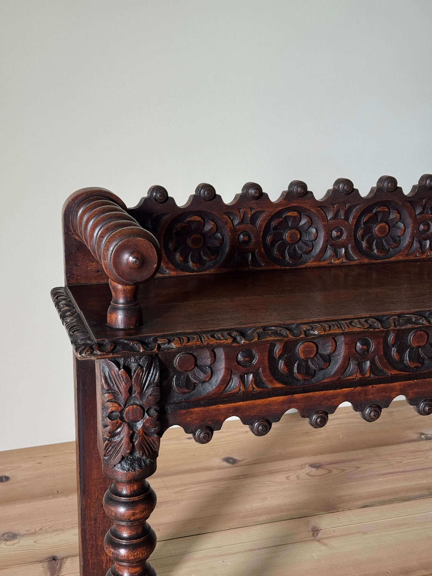 Victorian carved oak bobbin bench