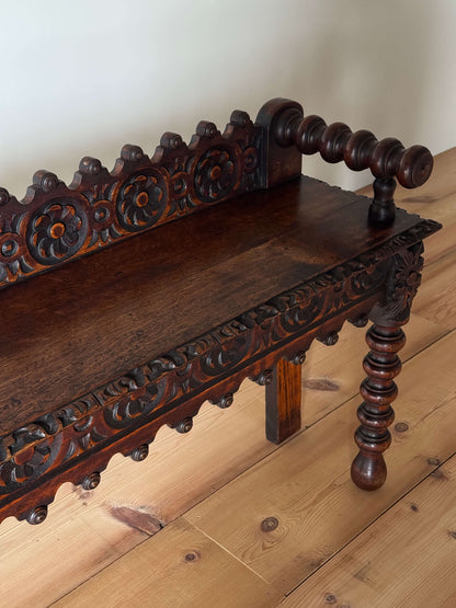 Victorian carved oak bobbin bench