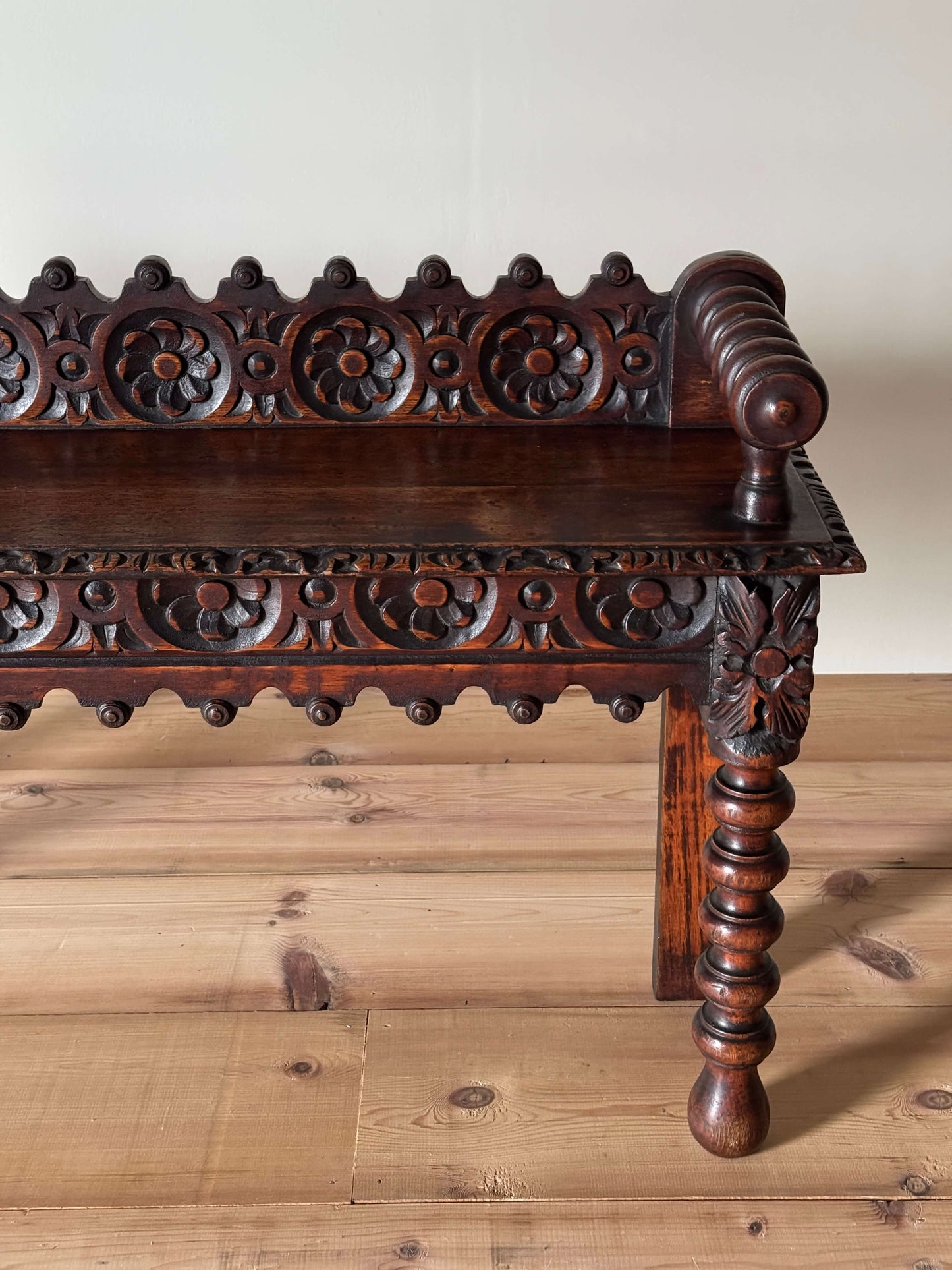 Victorian carved oak bobbin bench