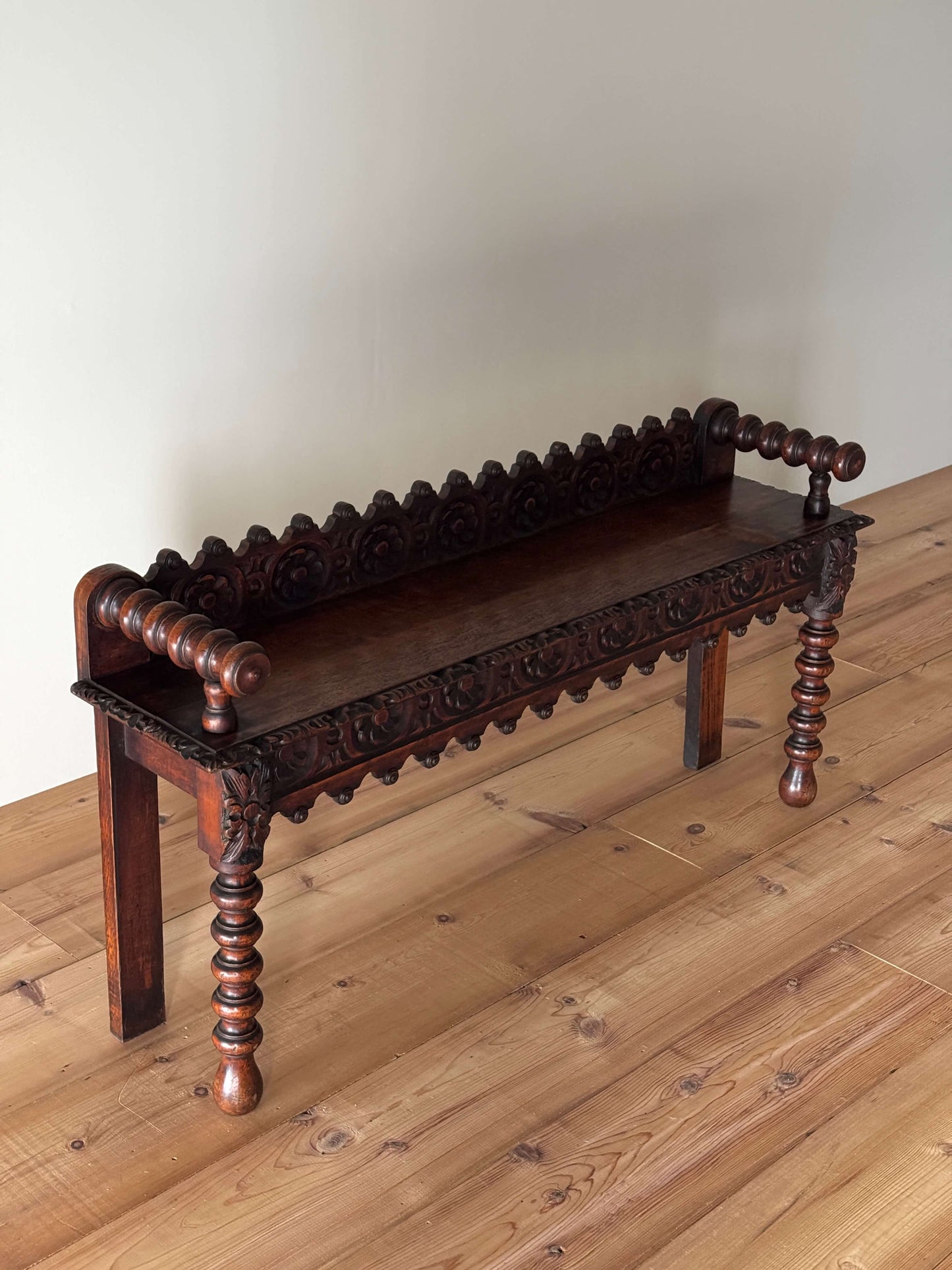 Victorian carved oak bobbin bench