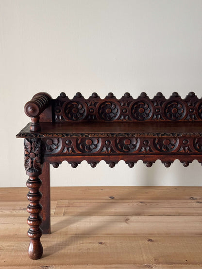 Victorian carved oak bobbin bench