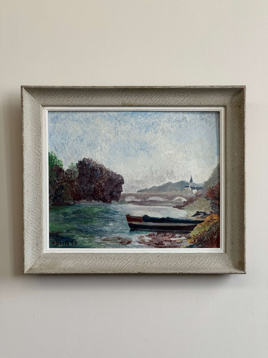 French vintage river landscape oil painting