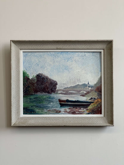 French vintage river landscape oil painting