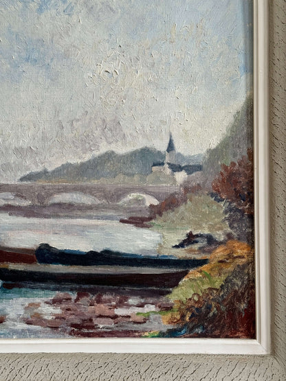 French vintage river landscape oil painting