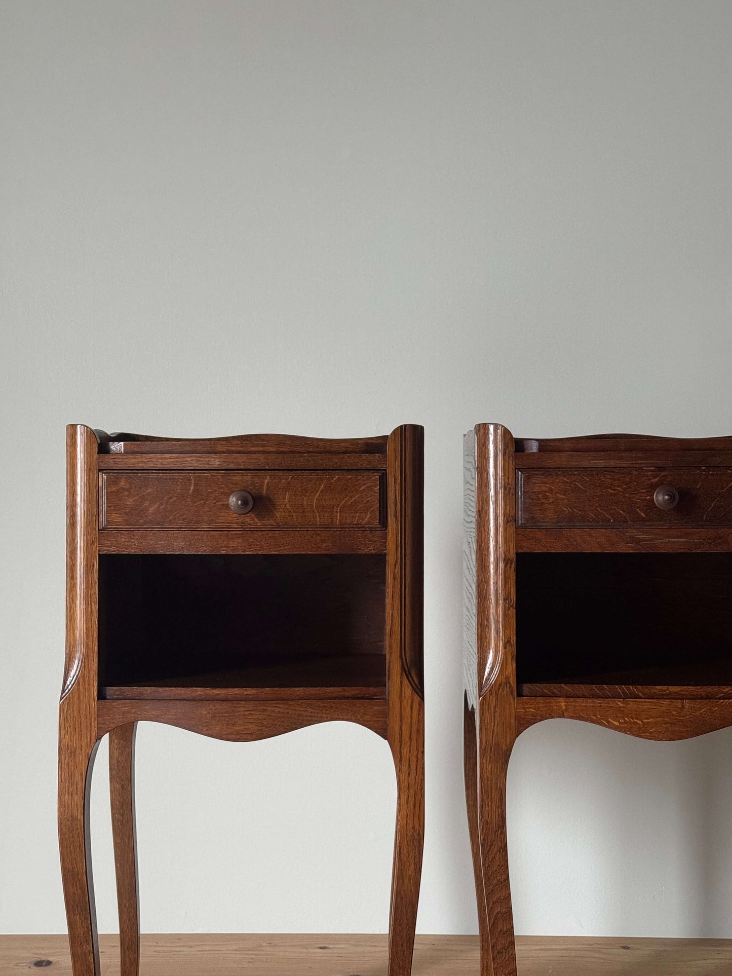 Pair of French bedside tables with single drawer