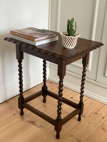 Antique barley twist table with scalloped edges