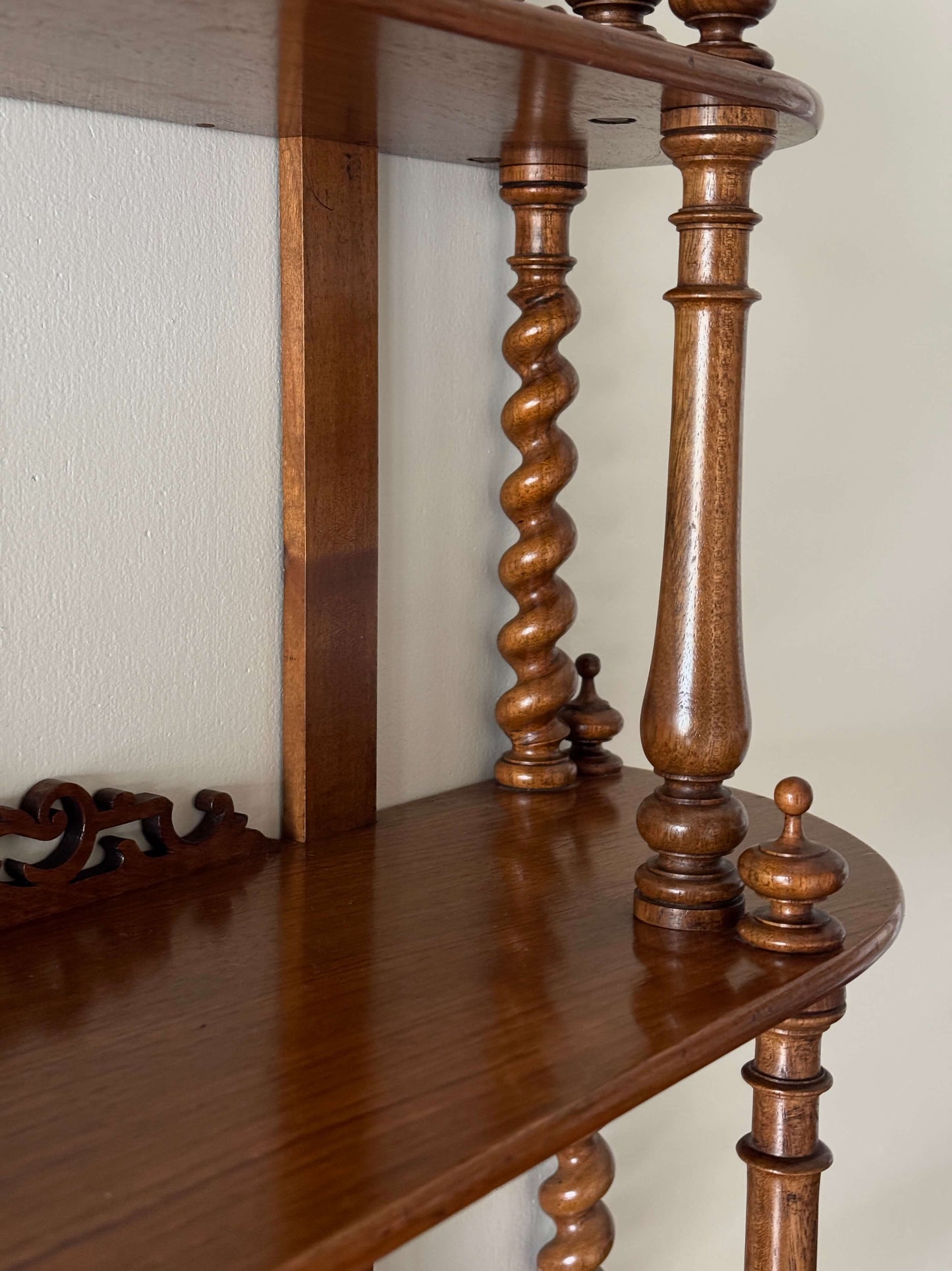 Antique walnut barley twist wall-mounted shelf