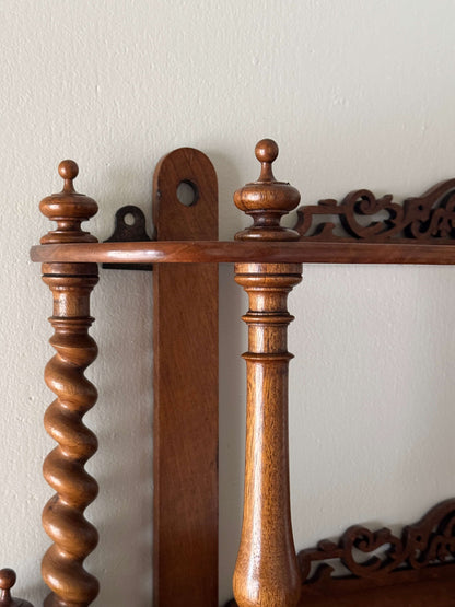 Antique walnut barley twist wall-mounted shelf