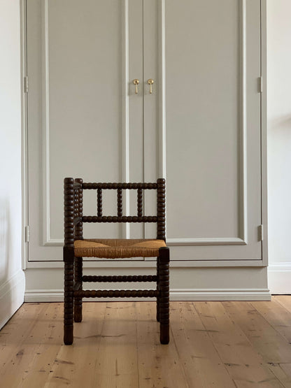 French antique bobbin corner chair with rush seat