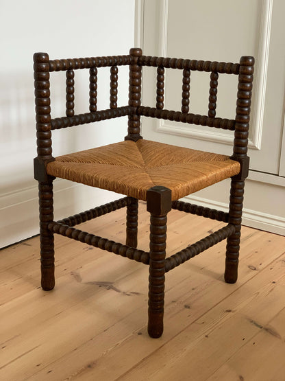 French antique bobbin corner chair with rush seat