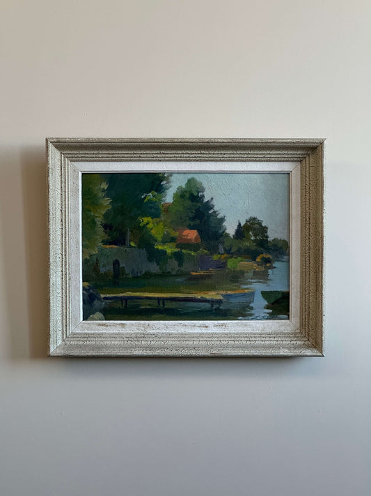 French vintage lake scene oil on board