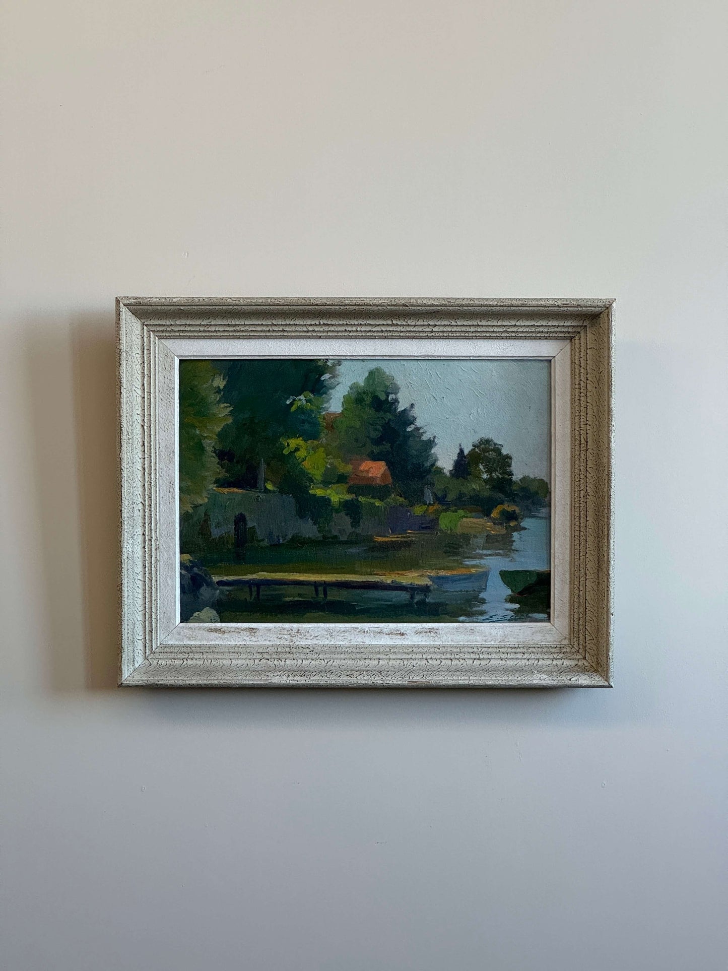 French vintage lake scene oil on board