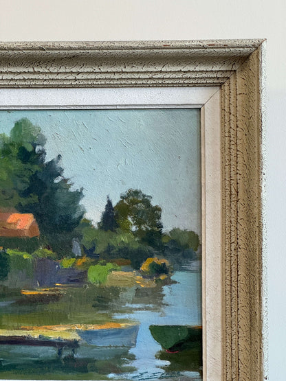 French vintage lake scene oil on board