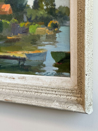 French vintage lake scene oil on board