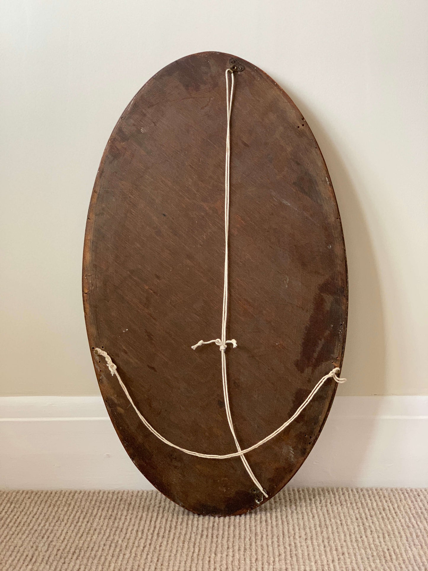 Antique light oak oval mirror