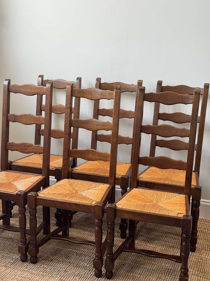 Set of six French vintage rush dining chairs