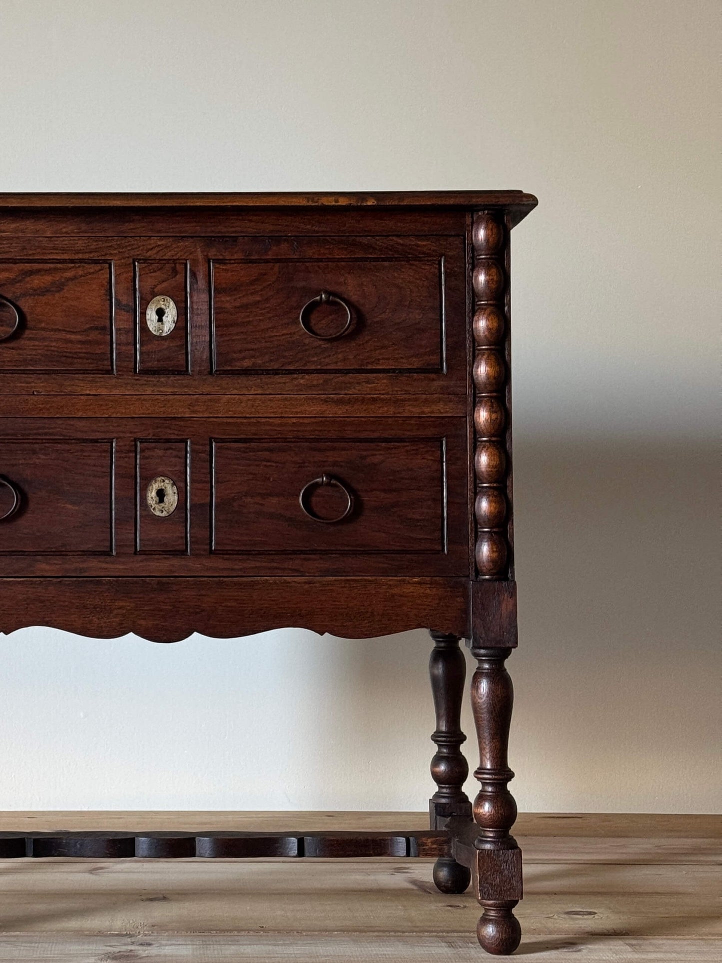 Vintage oak French bobbin chest of drawers