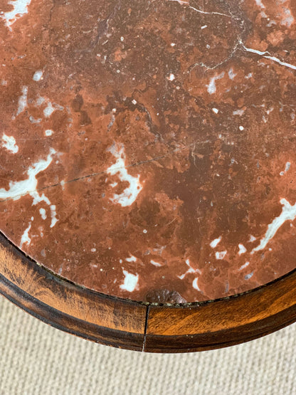 Antique circular bobbin side table with marble top