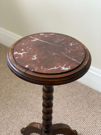 Antique circular bobbin side table with marble top