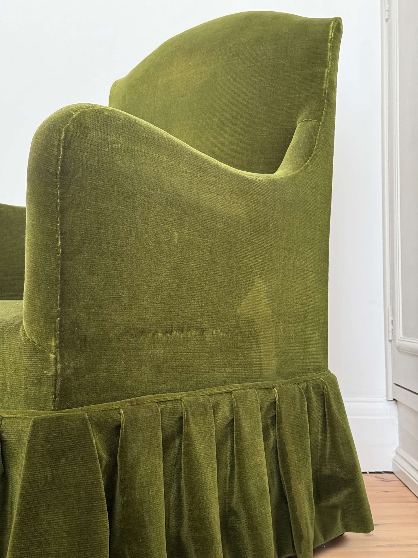 Edwardian velvet armchair with pleated skirt