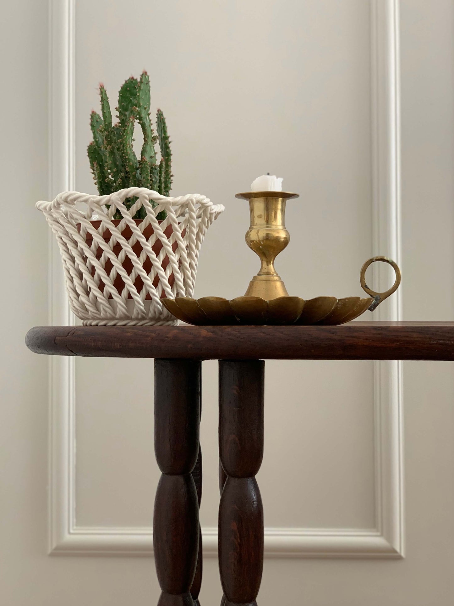 Antique oval bobbin two-tiered table