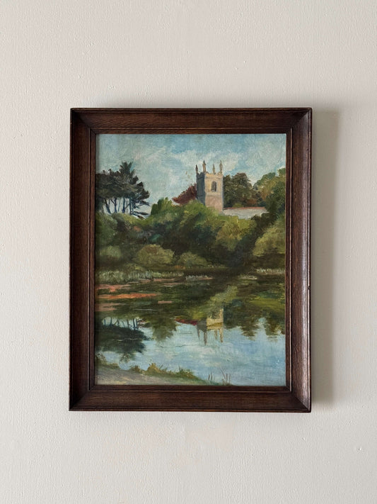 Vintage castle scene oil on canvas