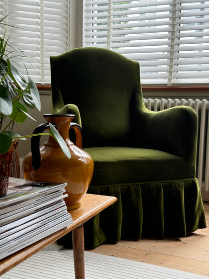 Edwardian velvet armchair with pleated skirt