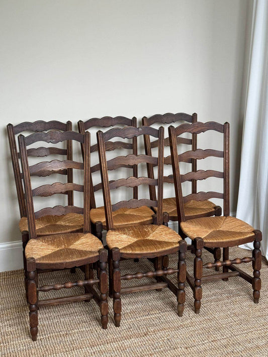 Set of six French vintage bobbin ladder back rush dining chairs