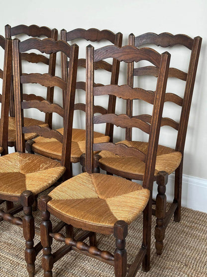 Set of six French vintage bobbin ladder back rush dining chairs