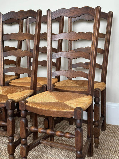 Set of six French vintage bobbin ladder back rush dining chairs