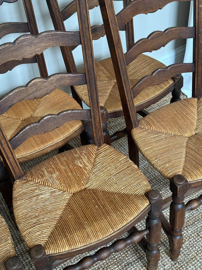 Set of six French vintage bobbin ladder back rush dining chairs